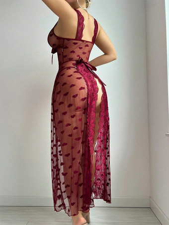 ロングナイトガウン バーガンディ レース バックレス シースルー メッシュ レーストリム ハートプリント ベビードール セクシーランジェリー