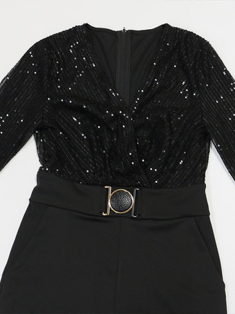 Tuta da festa a gamba larga con scollo a V e cintura a righe con paillettes per donna 2026