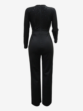 Tuta da festa a gamba larga con scollo a V e cintura a righe con paillettes per donna 2026