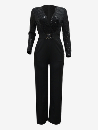 Tuta da festa a gamba larga con scollo a V e cintura a righe con paillettes per donna 2026