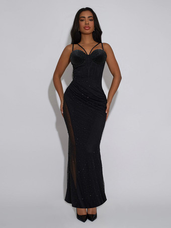 ブラック シースルーサイドスパンコールノースリーブボディコンマキシパーティードレス（レディース）2026