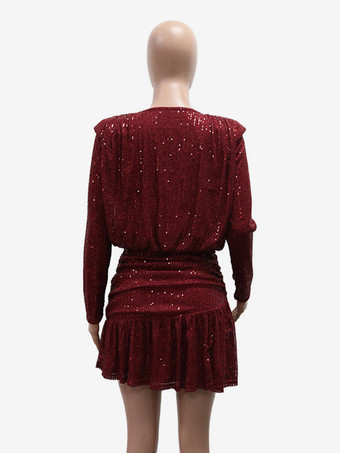 Mini abito da festa a maniche lunghe con paillettes e arricciature per donna 2026