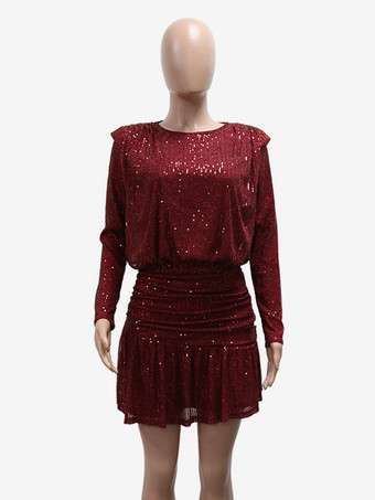 Mini abito da festa a maniche lunghe con paillettes e arricciature per donna 2026