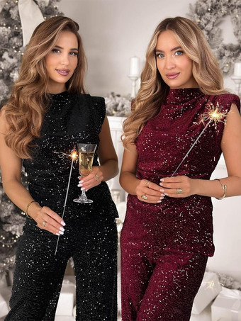 ハイネック ノースリーブ キラキラ スパンコール ワイドレッグ パーティー ジャンプスーツ レディース 2026