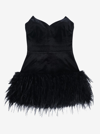 Mini abito da festa aderente sexy con scollo a cuore e piume per donna 2026