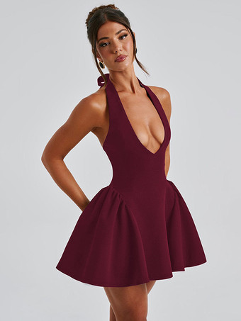 深めのVネック、ホルターネック、バックレス、ハイウエスト、Aライン、セクシー、パーティーミニドレス（レディース）2026