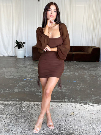 Mini abito aderente con scollo quadrato maniche a lanterna trasparenti e arricciature per donna 2026