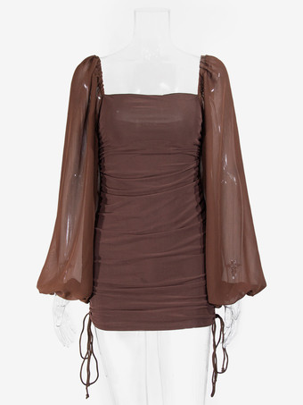 Mini abito aderente con scollo quadrato maniche a lanterna trasparenti e arricciature per donna 2026