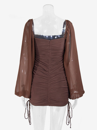 Mini abito aderente con scollo quadrato maniche a lanterna trasparenti e arricciature per donna 2026