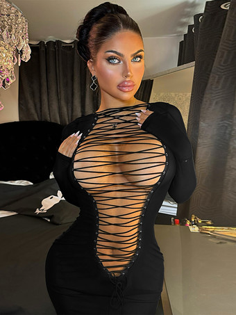 フロントレースアップロングスリーブセクシーボディコンクラブミニドレス（レディース2026年）