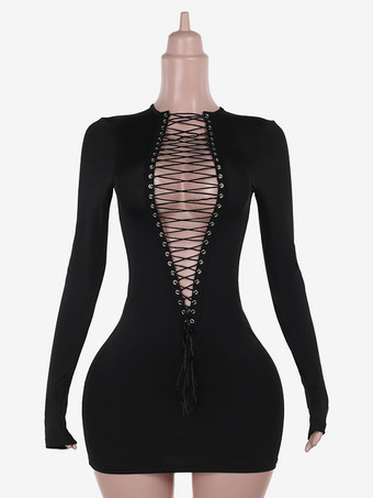 フロントレースアップロングスリーブセクシーボディコンクラブミニドレス（レディース2026年）