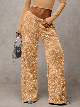 カーキ スパンコール ドローストリング ワイドレッグ パーティーパンツ レディース 2026