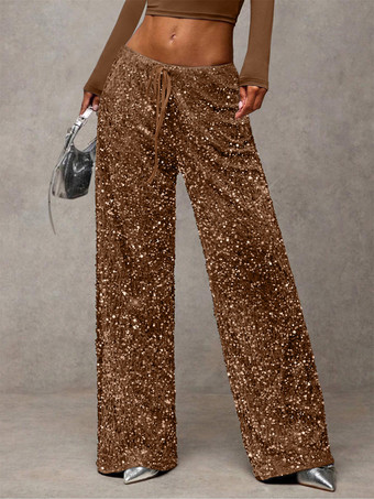 ブラウンスパンコール ドローストリング ワイドレッグ パーティーパンツ レディース 2026