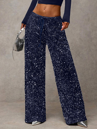 ダークネイビースパンコール ドローストリング ワイドレッグ パーティーパンツ レディース 2026