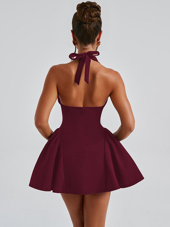 深めのVネック、ホルターネック、バックレス、ハイウエスト、Aライン、セクシー、パーティーミニドレス（レディース）2026