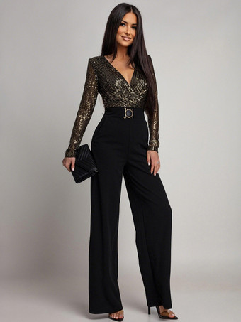 Nero e OroTuta da festa a gamba larga con scollo a V e cintura a righe con paillettes per donna 2026