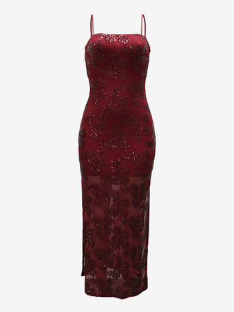 スパンコール付きフローラル刺繍入りシアーヘムボディコンマキシドレス（レディース）2026