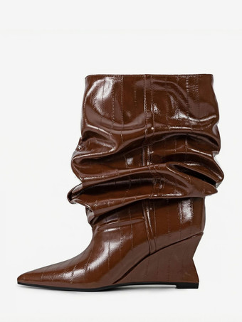 ブラウンブラックウェッジブーツ レディース ポインテッドトゥ ストーン柄 スラウチアンクルブーツ