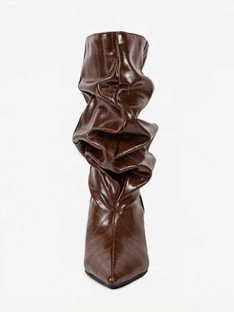 ブラックウェッジブーツ レディース ポインテッドトゥ ストーン柄 スラウチアンクルブーツ