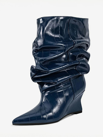 ディープブルーブラックウェッジブーツ レディース ポインテッドトゥ ストーン柄 スラウチアンクルブーツ