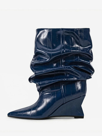 ブラックウェッジブーツ レディース ポインテッドトゥ ストーン柄 スラウチアンクルブーツ