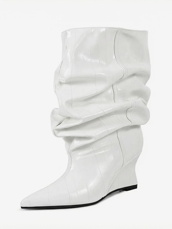 ホワイト ブラックウェッジブーツ レディース ポインテッドトゥ ストーン柄 スラウチアンクルブーツ