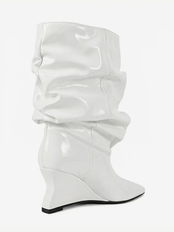 ブラックウェッジブーツ レディース ポインテッドトゥ ストーン柄 スラウチアンクルブーツ