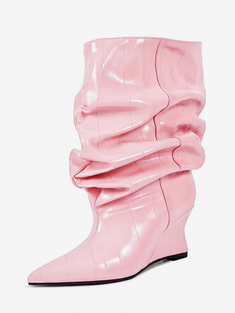 ピンクブラックウェッジブーツ レディース ポインテッドトゥ ストーン柄 スラウチアンクルブーツ