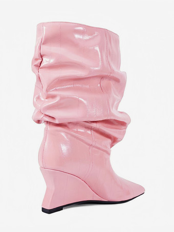 ブラックウェッジブーツ レディース ポインテッドトゥ ストーン柄 スラウチアンクルブーツ