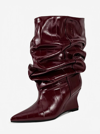 ワインレッド ブラックウェッジブーツ レディース ポインテッドトゥ ストーン柄 スラウチアンクルブーツ