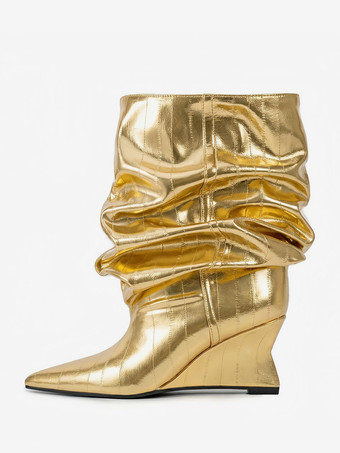 ゴールド ブラックウェッジブーツ レディース ポインテッドトゥ ストーン柄 スラウチアンクルブーツ