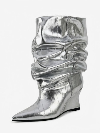 シルバー ブラックウェッジブーツ レディース ポインテッドトゥ ストーン柄 スラウチアンクルブーツ