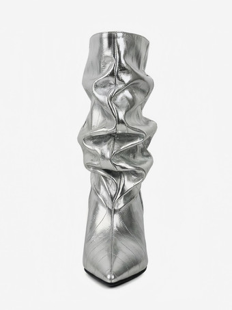 ブラックウェッジブーツ レディース ポインテッドトゥ ストーン柄 スラウチアンクルブーツ