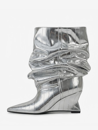 ブラックウェッジブーツ レディース ポインテッドトゥ ストーン柄 スラウチアンクルブーツ