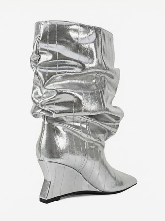 ブラックウェッジブーツ レディース ポインテッドトゥ ストーン柄 スラウチアンクルブーツ