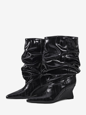 ブラックウェッジブーツ レディース ポインテッドトゥ ストーン柄 スラウチアンクルブーツ