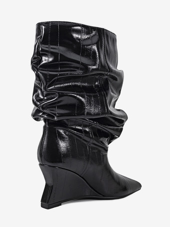 ブラックウェッジブーツ レディース ポインテッドトゥ ストーン柄 スラウチアンクルブーツ