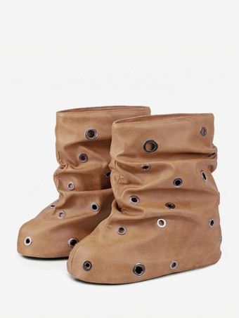 ディープアプリコットレディース アンクルブーツ ラウンドトゥ メタルディテール フラットブーティ