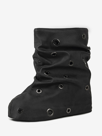 ブラック レディース アンクルブーツ ラウンドトゥ メタルディテール フラットブーティ