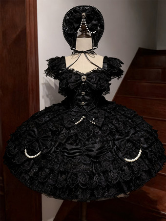 Nero Abito Lolita Hime con fiocchi dolci volant in pizzo e abito Lolita corto
