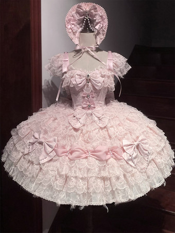 RosaAbito Lolita Hime con fiocchi dolci volant in pizzo e abito Lolita corto