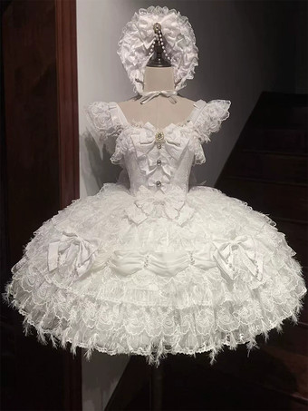 Bianco Abito Lolita Hime con fiocchi dolci volant in pizzo e abito Lolita corto