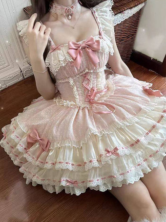 Vestido Hime Lolita rosa con lazo de encaje dulce de poliéster vestido corto Lolita con vestido