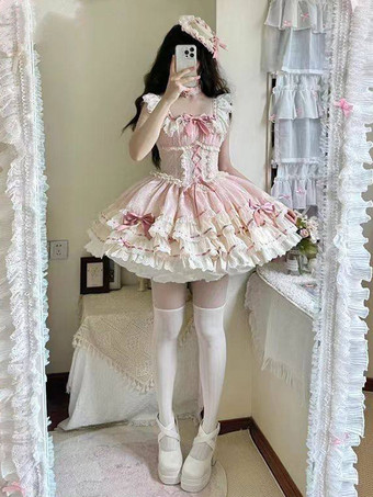 Vestido Hime Lolita rosa con lazo de encaje dulce de poliéster vestido corto Lolita con vestido