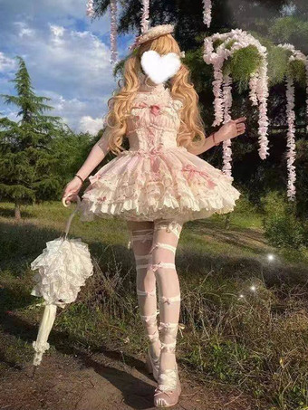 Vestido Hime Lolita rosa con lazo de encaje dulce de poliéster vestido corto Lolita con vestido