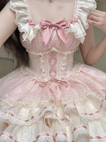 Vestido Hime Lolita rosa con lazo de encaje dulce de poliéster vestido corto Lolita con vestido