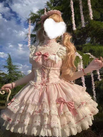 Vestido Hime Lolita rosa con lazo de encaje dulce de poliéster vestido corto Lolita con vestido