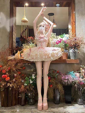 Vestido Hime Lolita rosa con lazo de encaje dulce de poliéster vestido corto Lolita con vestido