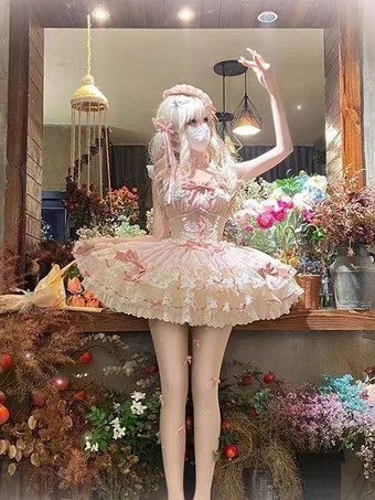 Vestido Hime Lolita rosa con lazo de encaje dulce de poliéster vestido corto Lolita con vestido