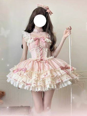 Vestido Hime Lolita rosa con lazo de encaje dulce de poliéster vestido corto Lolita con vestido